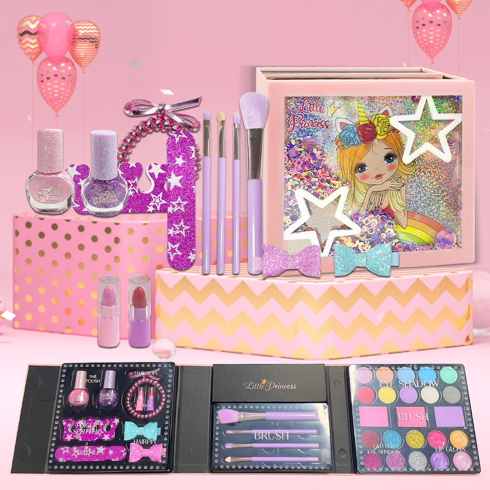 38 Pcs Real Little Princess Makeup Set， Kids Real Washable Make Up Toy Cosmetic Pretend Play Set with Brush Birthday Gifts for Girls ， Non Toxic， Pink