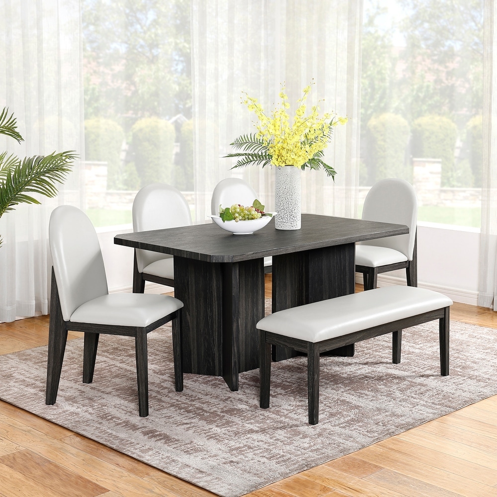 Rectangular 6 piece Dining Table Set w/Upholstered Bench   Chairs