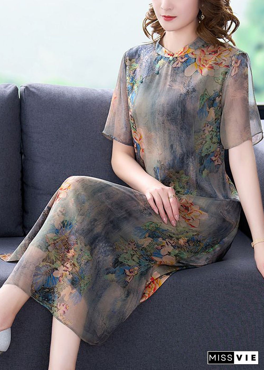 Women Light Grey Stand Collar Tie Dye Print Slim Fit Silk Dress Summer