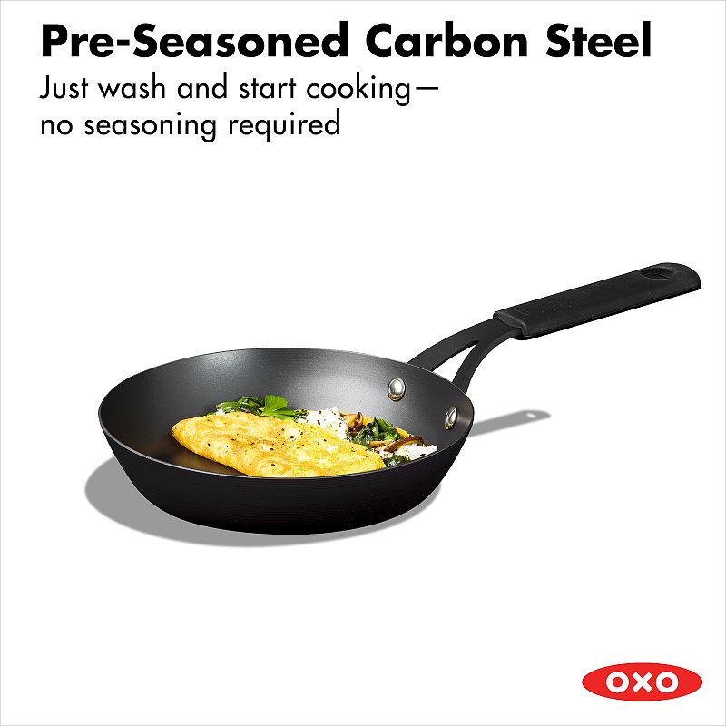 OXO Obsidian Pre-Seasoned Carbon Steel 8-in. Non-Stick Frypan Skillet with Removable Silicone Handle Holder