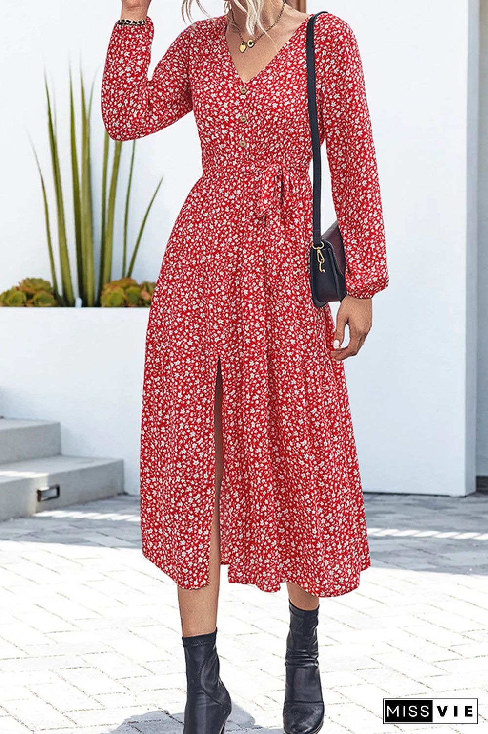 Red Floral V Neck Button Down High Split Maxi Dress