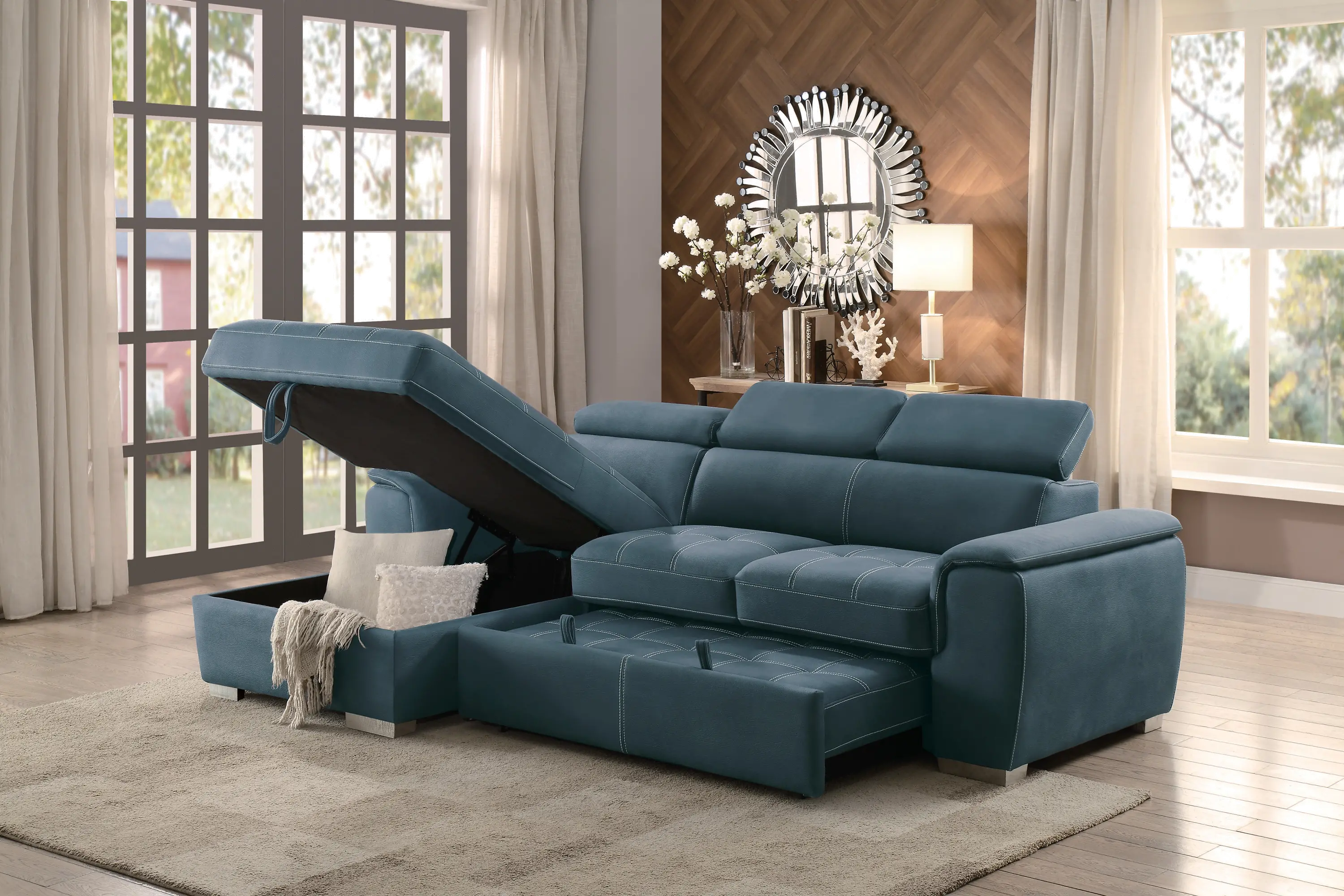 Ferriday Blue Sectional with Pullout Sofa Bed and Storage