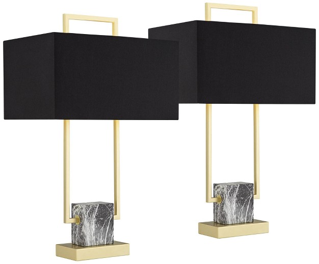 High Modern Table Lamps Set Of 2 Gold Finish Metal Living Room Bedroom Bedside Nightstand House Kitchen Entryway Black Shade