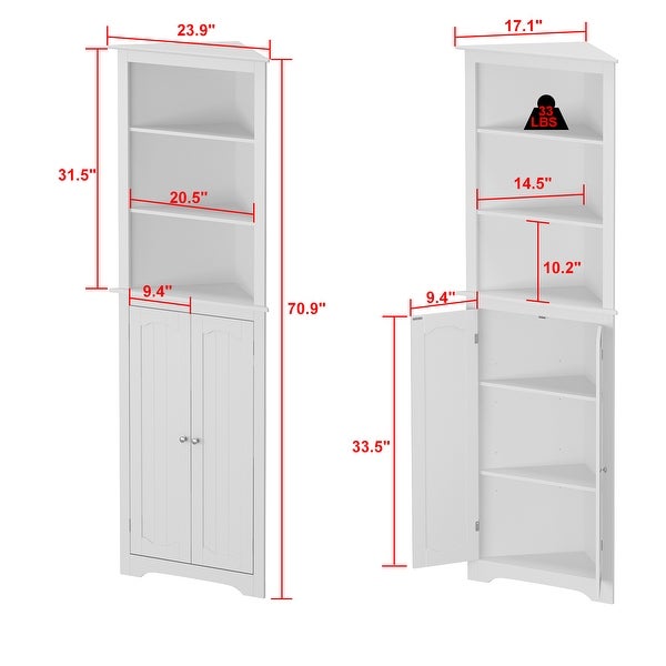 Tall Corner Cabinet Two Doors and Three Tier Shelves Corner Bathroom - 70.9