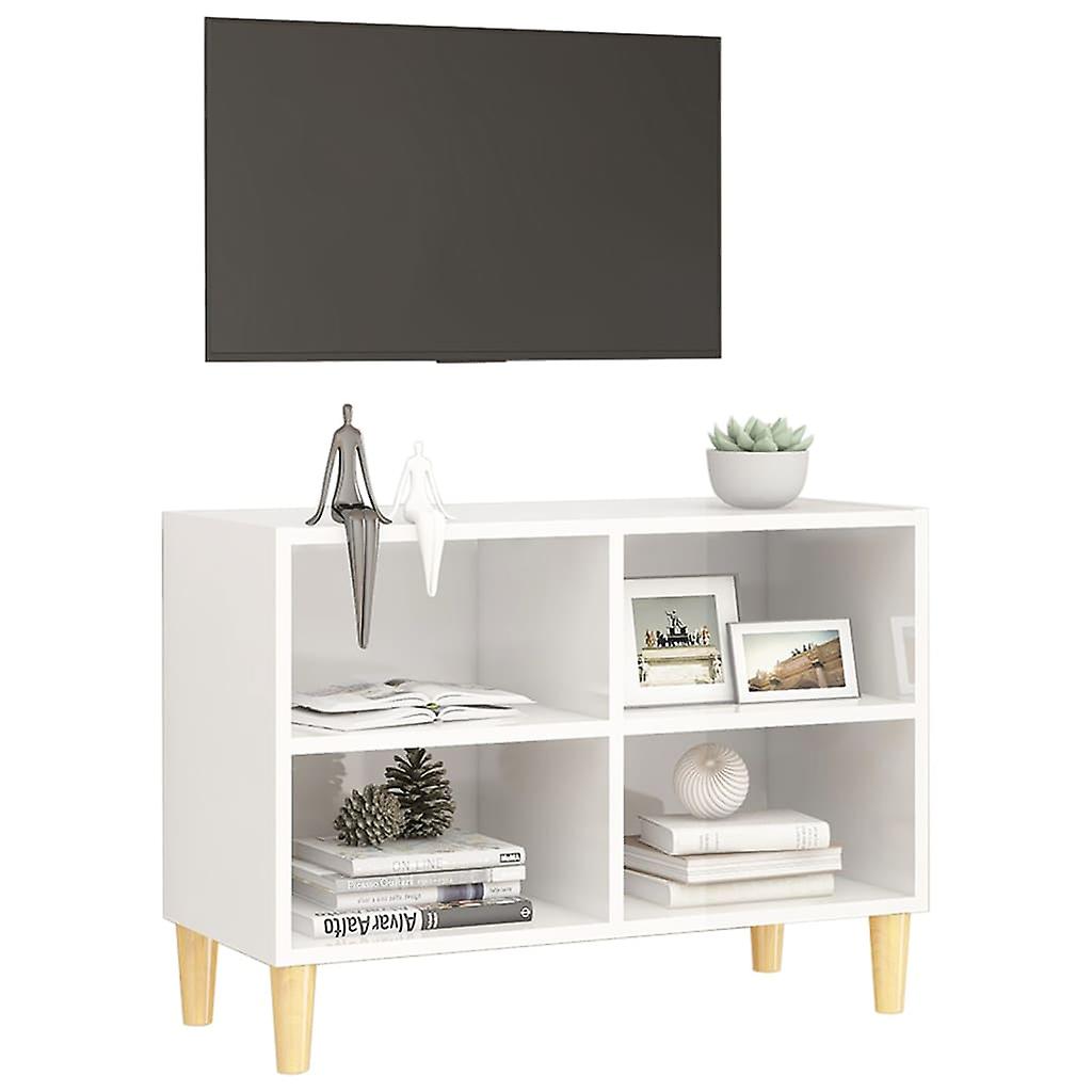 Tv Cabinet With Solid Wood Legs High Gloss White 69.5x30x50 Cm