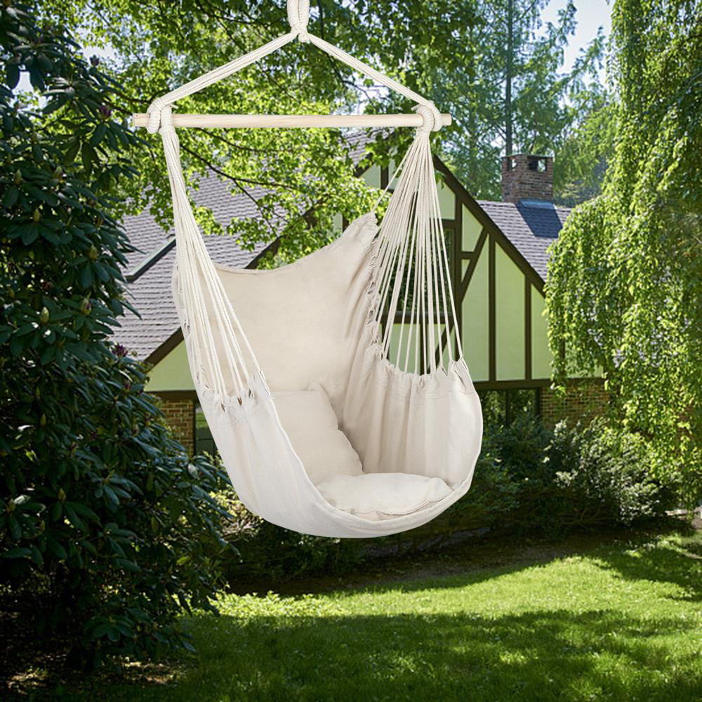 Ktaxon Chair Hanging Rope Swing Hammock Outdoor Porch Patio Yard Seat with Two Pillows, Beige