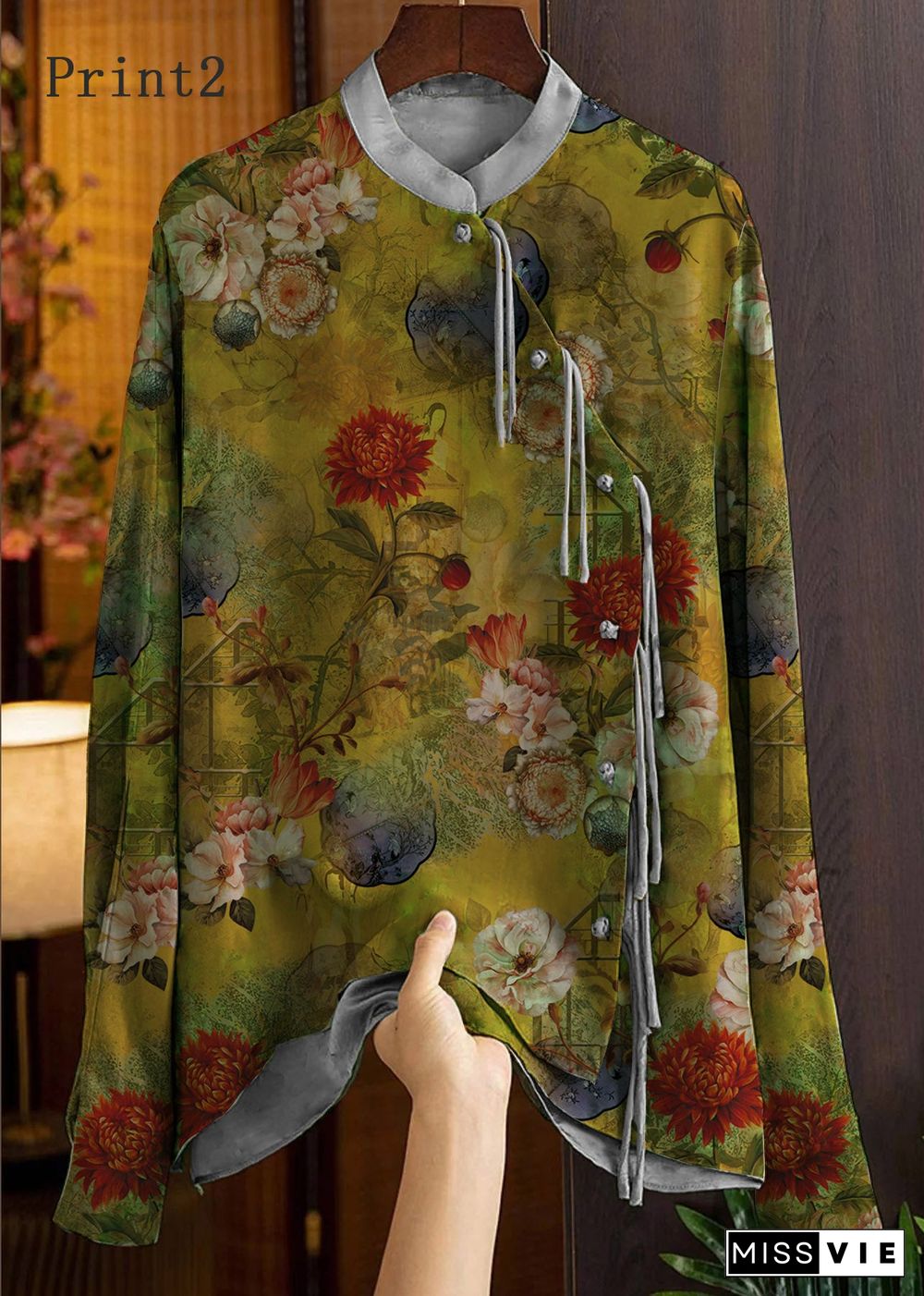 Beautiful Green Mandarin Collar Button Print Silk Shirt Top Spring