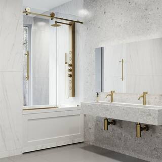 VIGO Elan Hart 56 to 60 in. W x 66 in. H Sliding Frameless Tub Door in Matte Brushed Gold with 38 in. (10mm) Clear Glass VG6022MGCL6066