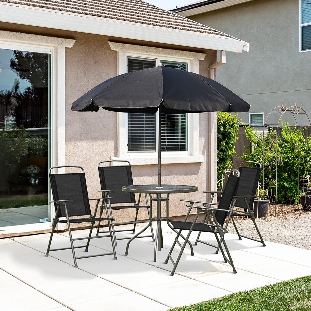 Outsunny 6 Piece Patio Dining Set For 4 With Umbrella 4 Folding Dining Chairs amp Round Glass Table For Garden Backyard And Poolside