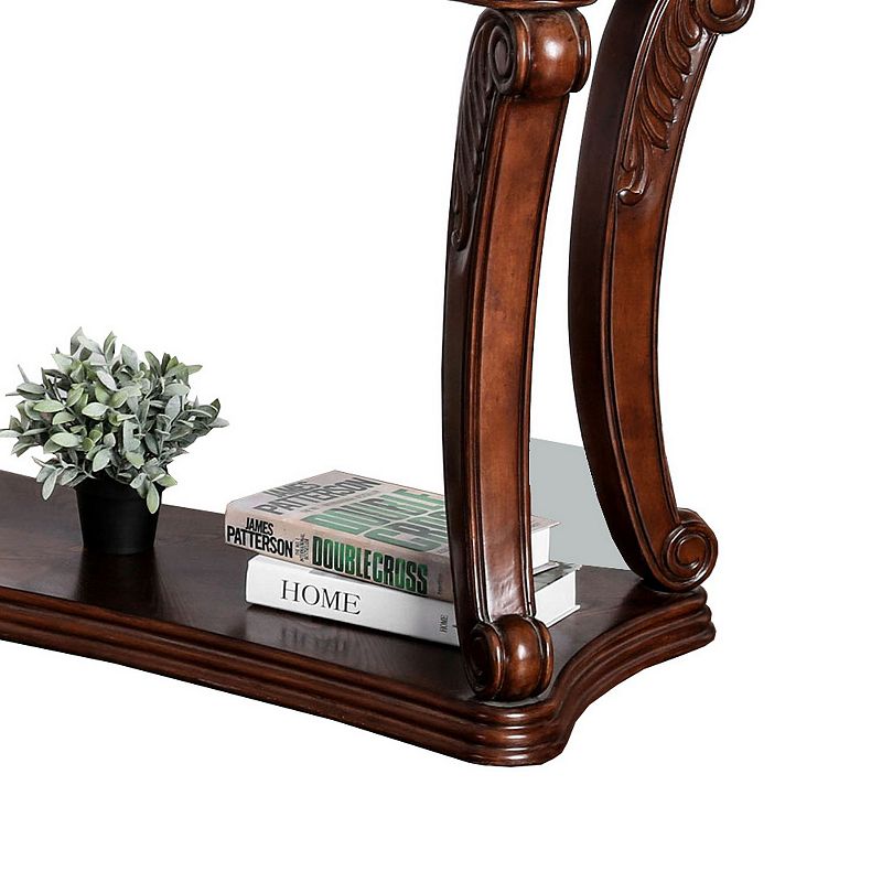 Traditional Sofa Table with Cabriole Legs and Wooden Carving， Brown