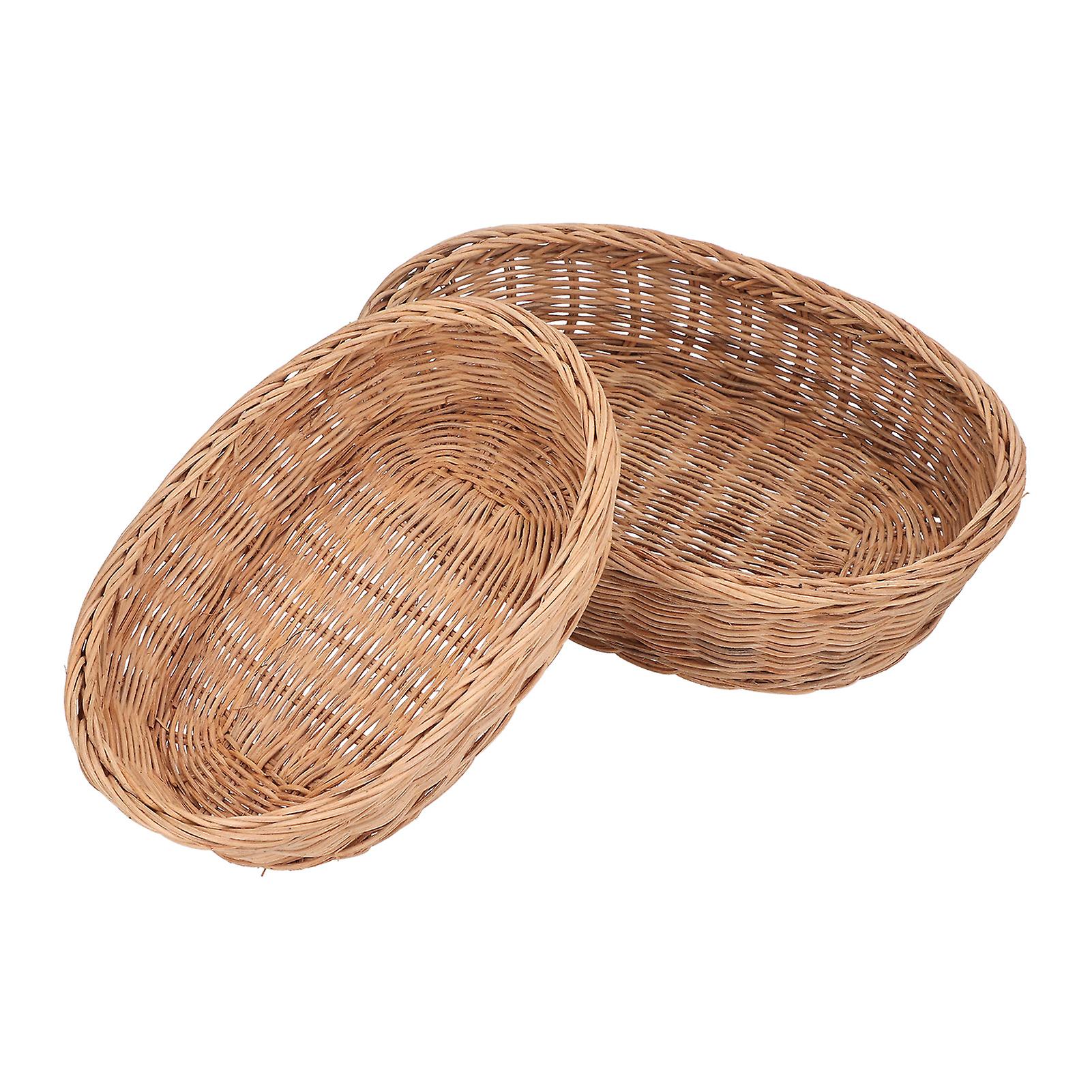 2pcs Fruit Basket Rattan Woven Food Tray Oval Serving Bowl Holder For Display Storage