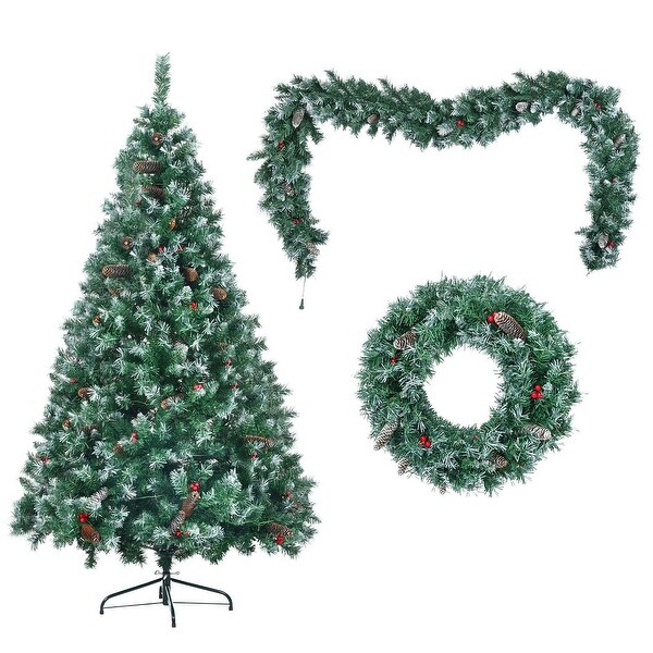 6FT PreLit Pine Christmas Tree Set with Tree and Garland and Wreath，Hinged Artificial Xmas Tree with 11 Colorful Modes