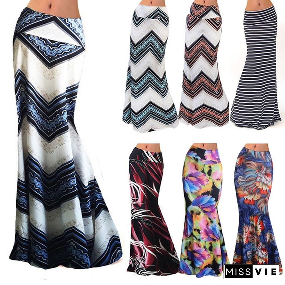 Women Summer Sexy Maxi Skirt Floral Print Patchwork Slim Casual Skirts Beach Party Long Dress