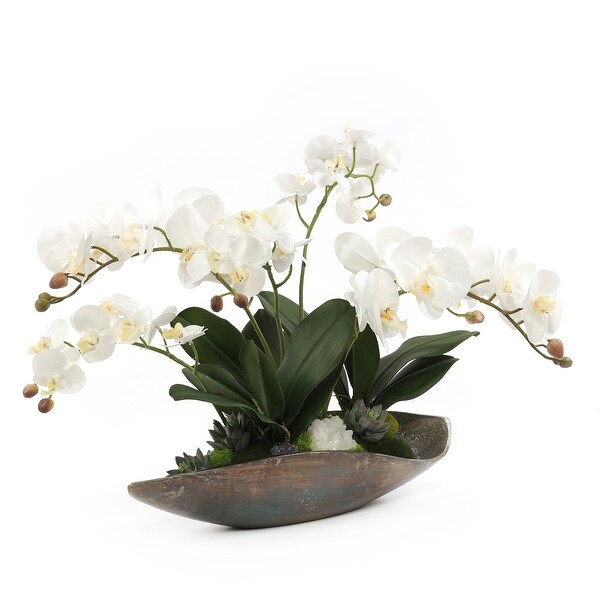 Cream White Orchids Faux Arrangement in Small Metal Tray