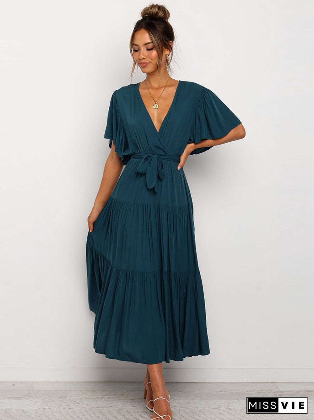 V Neck Tie Waist Short Sleeve Maxi Dress