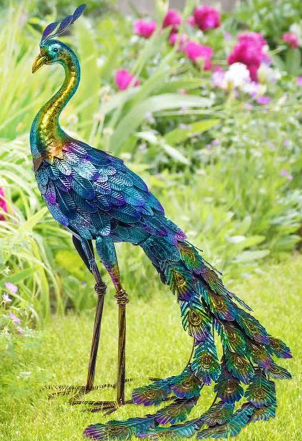 Nisorpa 28 Inch Metal Peacock Decor Garden Statues and Sculptures Standing Indoor Outdoor Backyard Porch Patio Lawn Art Decorations