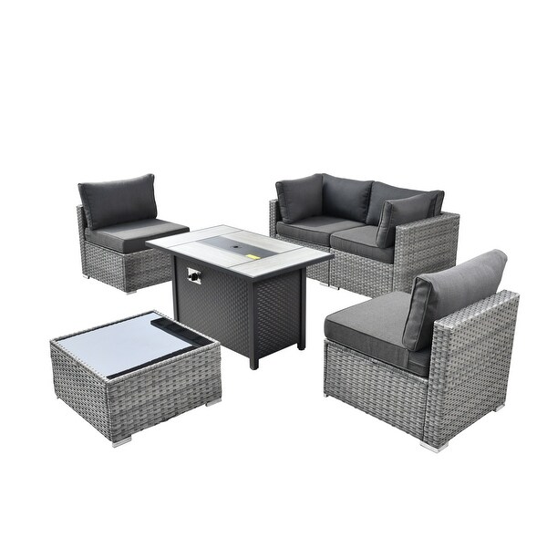 XIZZI Patio Furniture Set 6 Pieces Outdoor Sectional Rattan Sofa with Firepit