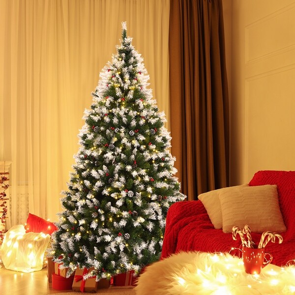 Gymax 6/7.5/9 FT Prelit Snow Sprayed Christmas Tree Artificial Xmas