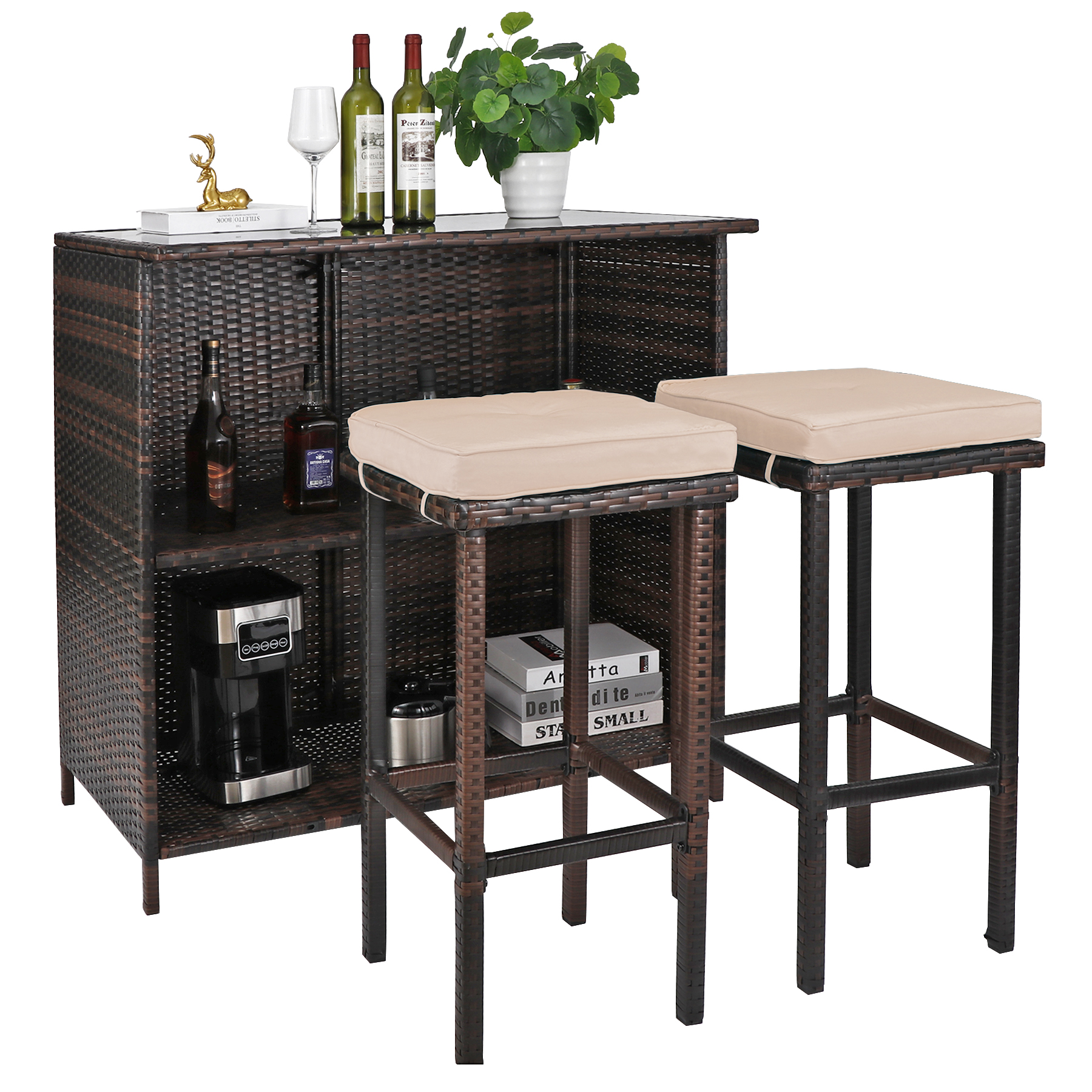 Outdoor Bar Furniture， 3 Piece Patio Bar Set， Brown Rattan Bar with Storage， 2 Brown Stool Cushions