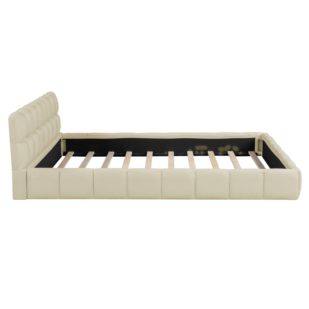 Queen Grounded Bed Thick Fabric Low Profile Upholstered Platform Bed  Beige