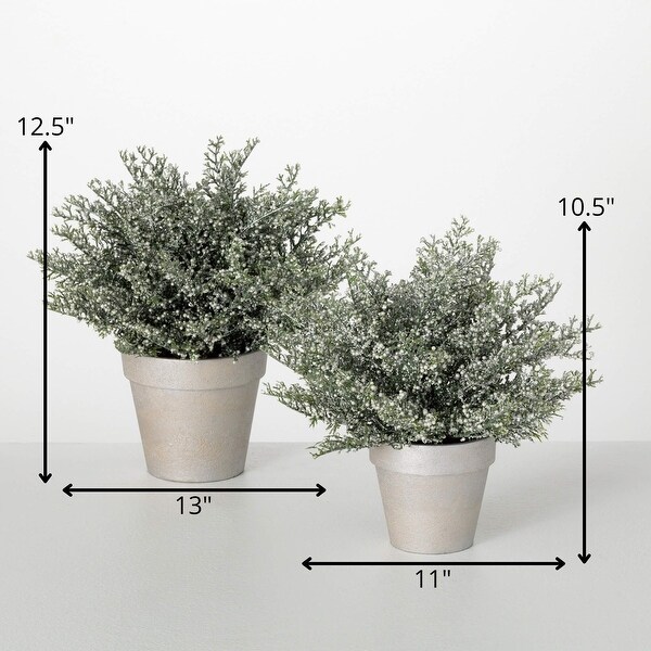 10.5H and 12.5H Sullivans Artificial Christmas Potted White Bubble Cedar Set of 2，Green