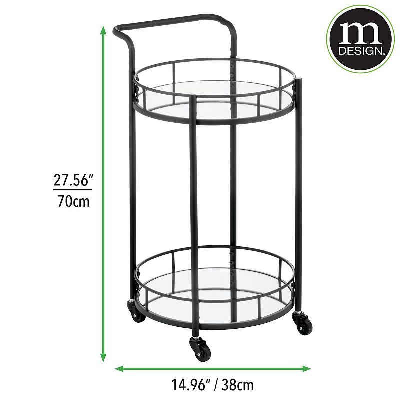 mDesign Metal Round Rolling Food and Beverage Bar Cart with Glass Shelves