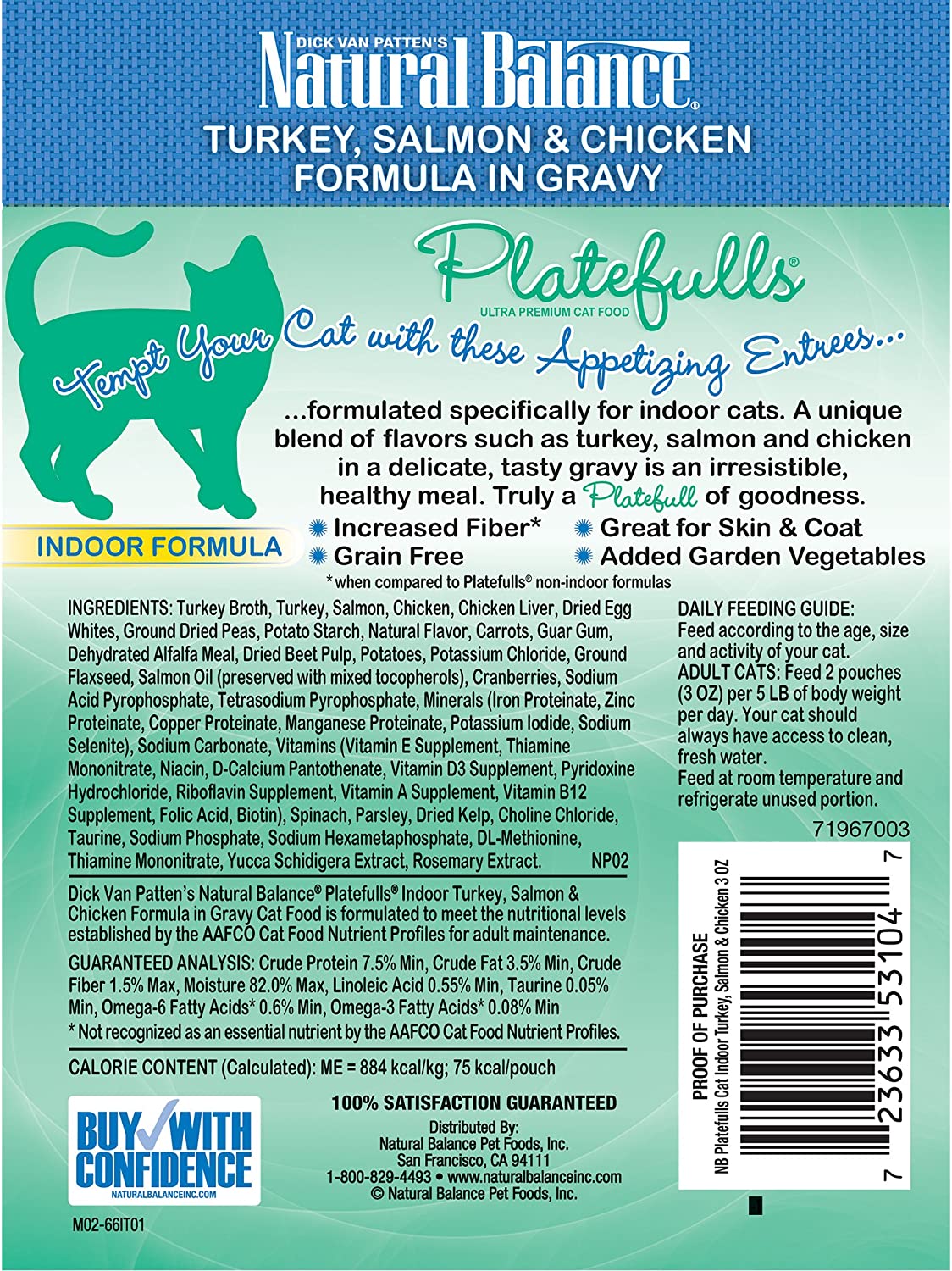 Natural Balance Platefulls Indoor Formula Turkey Salmon and Chicken in Gravy Grain-Free Cat Food Pouches 3-oz pouch case of 24