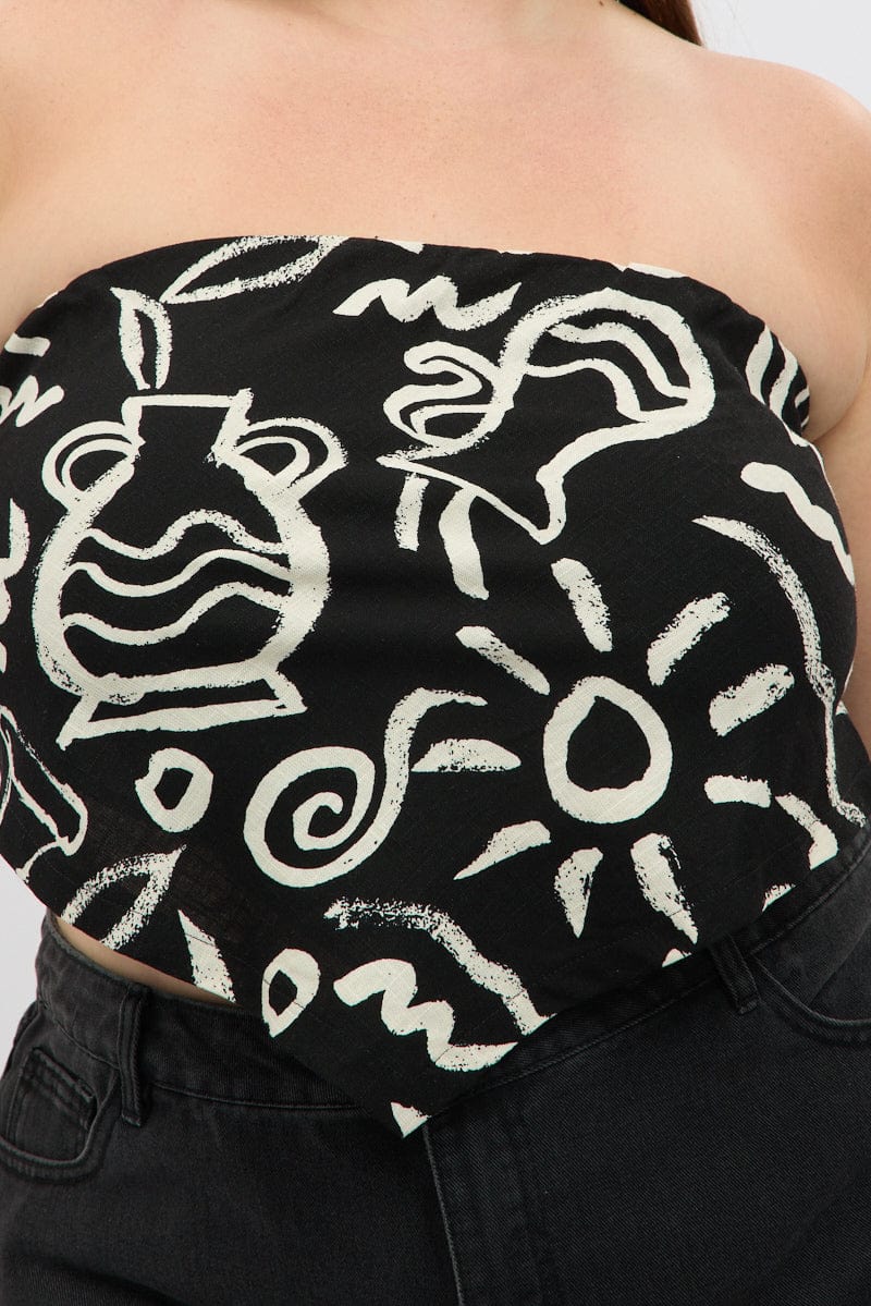 Black Abstract Scarf Top Strapless Linen Blend