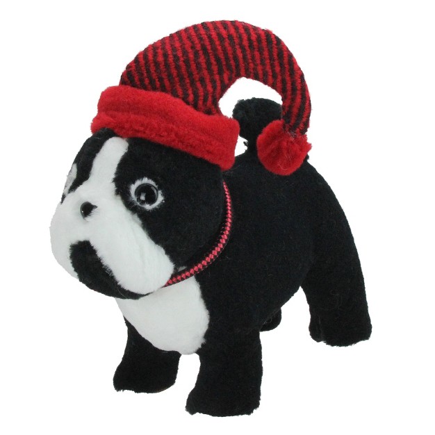 Black And White Plush Standing Bulldog With Red Hat Christmas Decoration