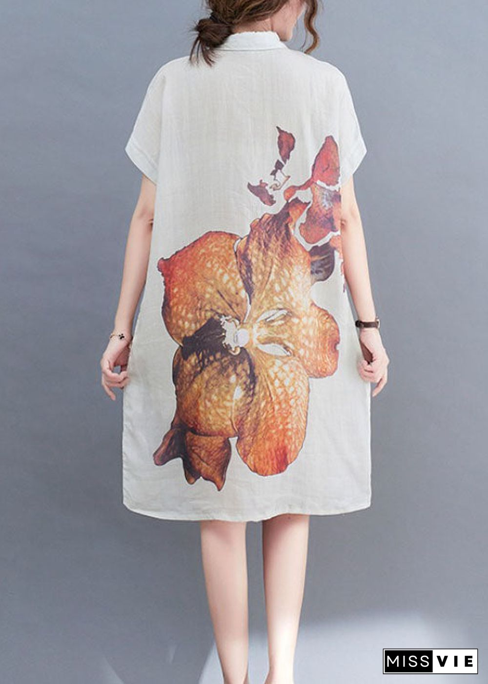 Natural White PeterPan Collar Button Print Summer Short Sleeve Dress