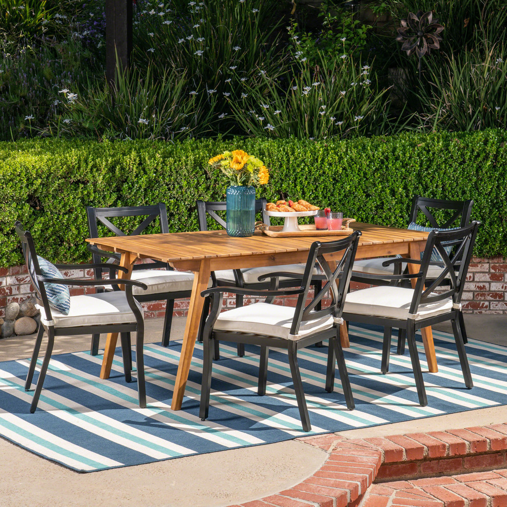 GDF Studio 7 Piece Buster Outdoor Acacia and Aluminum Dining Set With Cushions   Transitional   Outdoor Dining Sets   by GDFStudio  Houzz