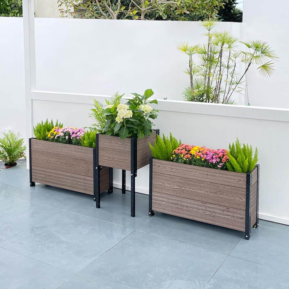 EverBloom Planter 17 in. D x 28 in. H x 91 in. W Brown and Black Composite Board and Steel Corner and 2-Trough Planter Bundle K2219