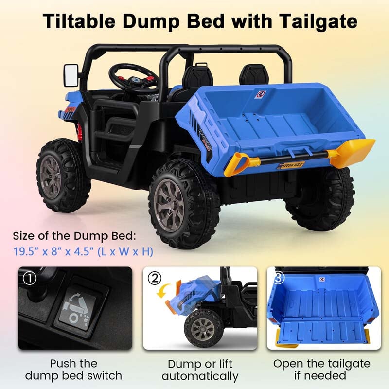 2-Seater Kids Ride On Car, 12V Battery Powered Off-Road UTV Dump Truck with Electric Dump Bed & Shovel