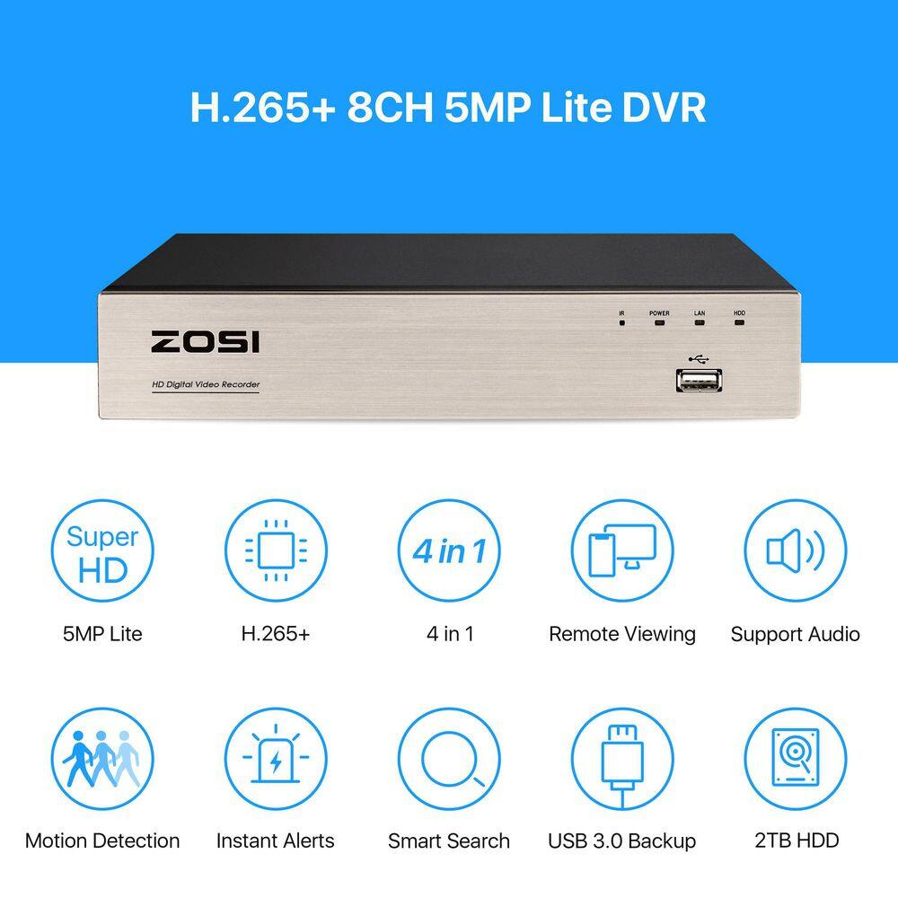 ZOSI 8-Channel 5MP-Lite 2TB DVR Surveillance System with 8-Wired 1080p Bullet Cameras 8VN-106B8S-20-US