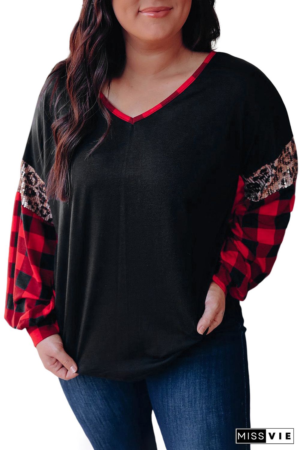 Black Sequined Leopard Insert Plaid Sleeve Plus Size Top