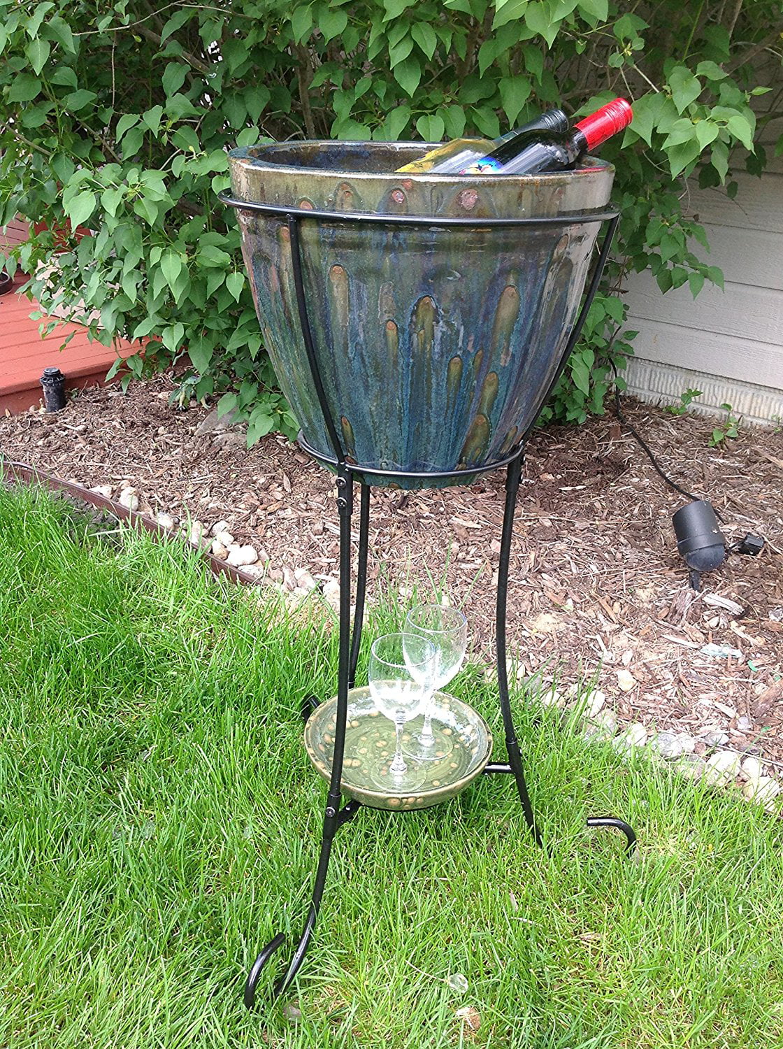 Ceramic Planter/Urn/Cooler with Tall Metal Stand- Reactive Green