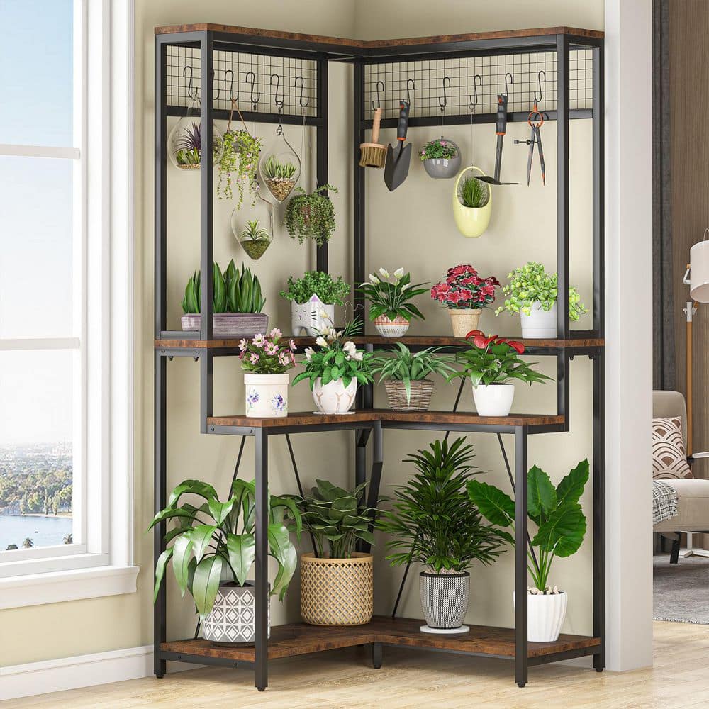 TRIBESIGNS WAY TO ORIGIN Eileen 67 in. Brown 4-Tier Wood Corner Plant Stand 15 S-Shaped Hanging Hooks Potted Organizer Rack Tall Shelving Holder HD-JW0342-WZZ