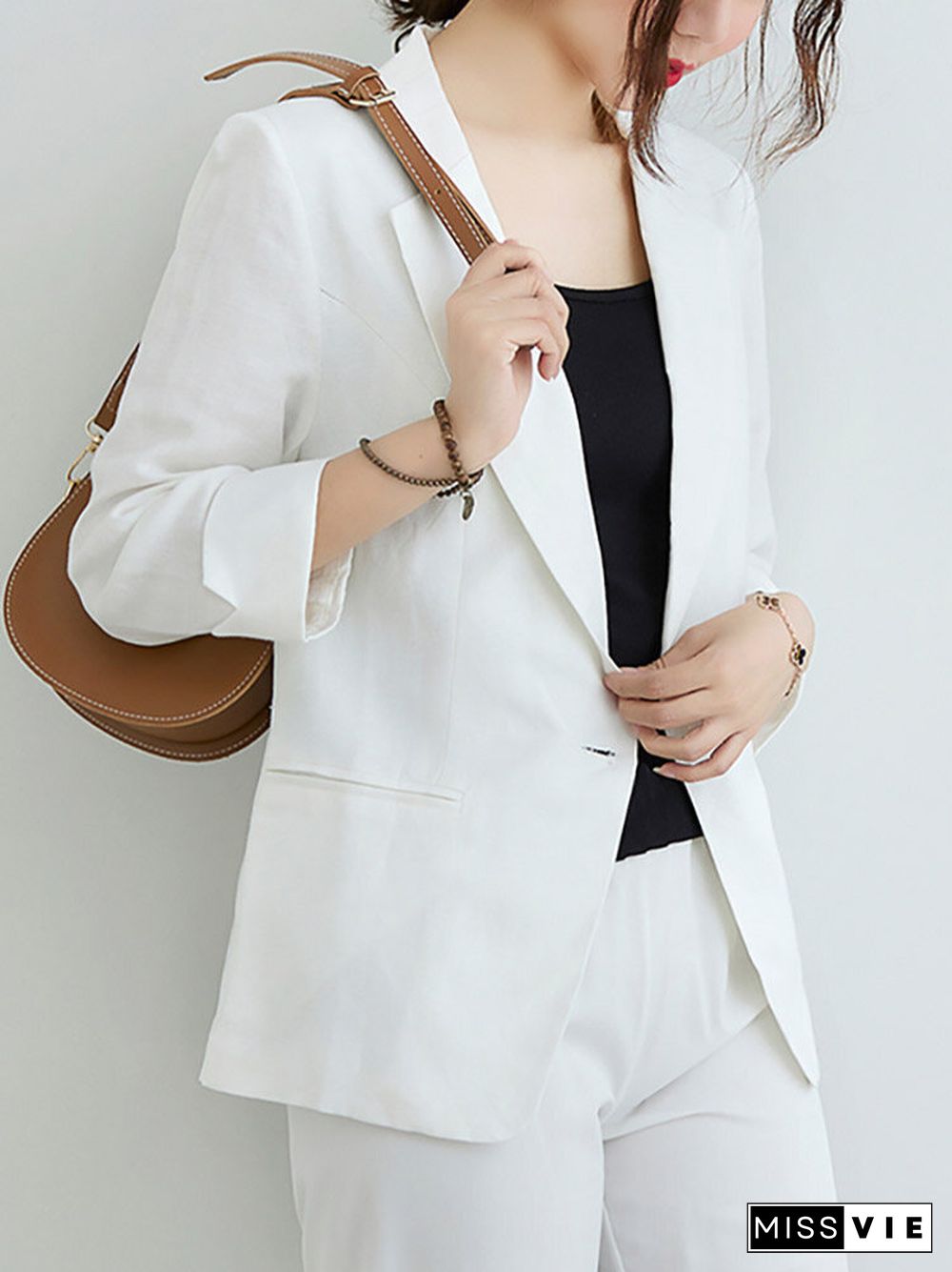 Solid Pocket Button Front Lapel 3\/4 Sleeve Blazer