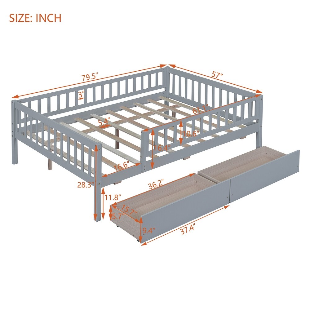 Full Size Daybed Platform Bed Wood Sofa Bed with 2 Storage Drawers and Safey Rail for Kids Bedroom