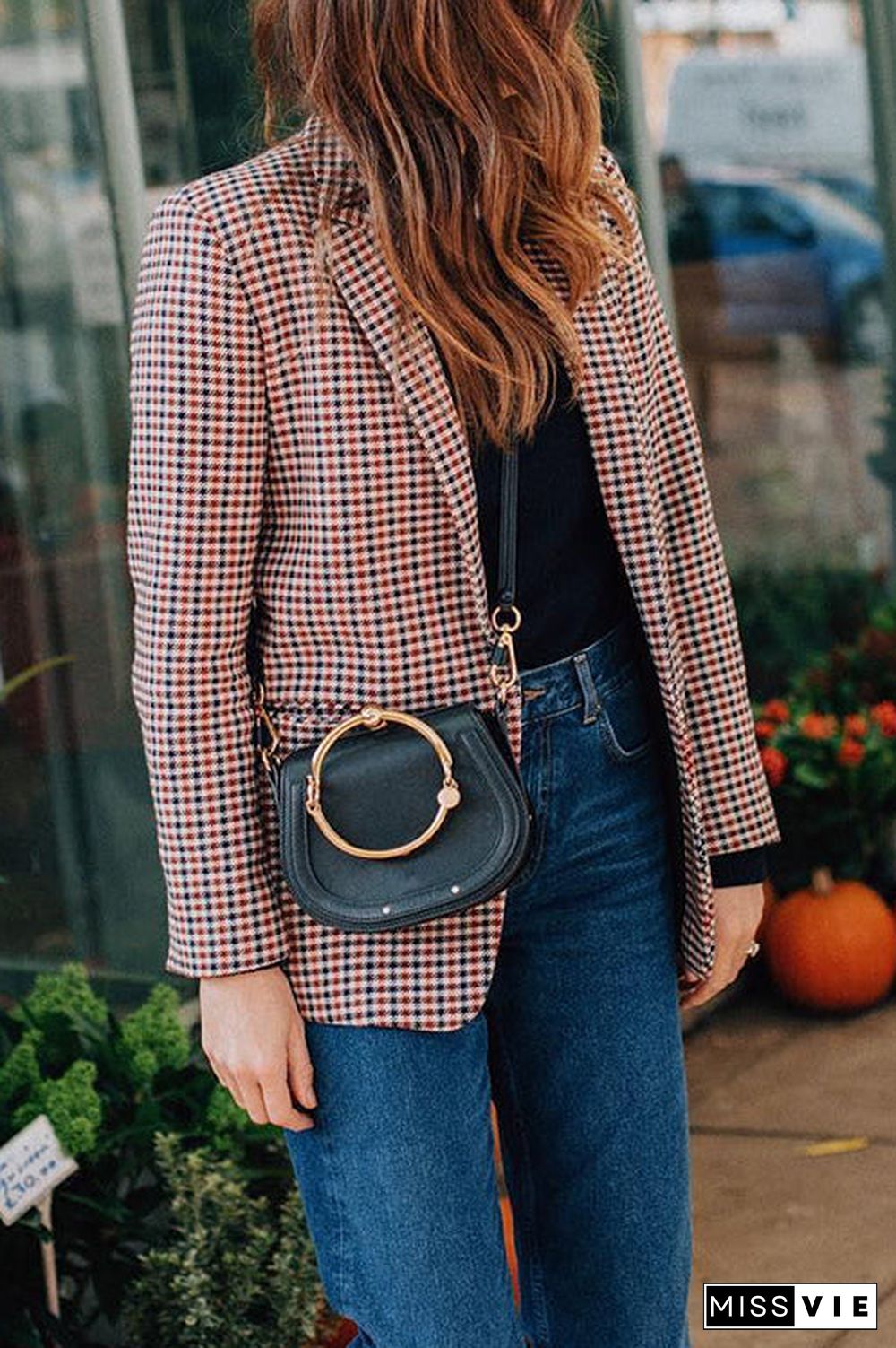 Plaid Button Long Sleeve Blazer