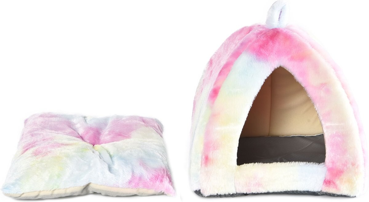 Cat Craft Plush Tent Cat Bed with Removable Cover， Pastel Tie Dye， Medium