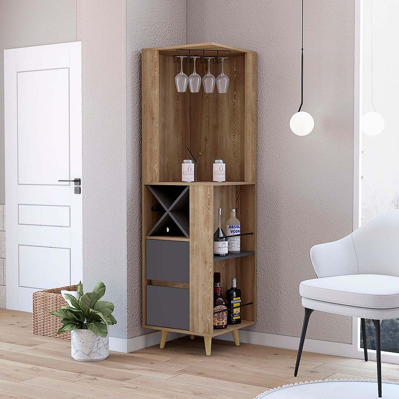 Ziton Corner Bar Cabinet， Two External Shelves， Two Drawers， Four Wine Compartments