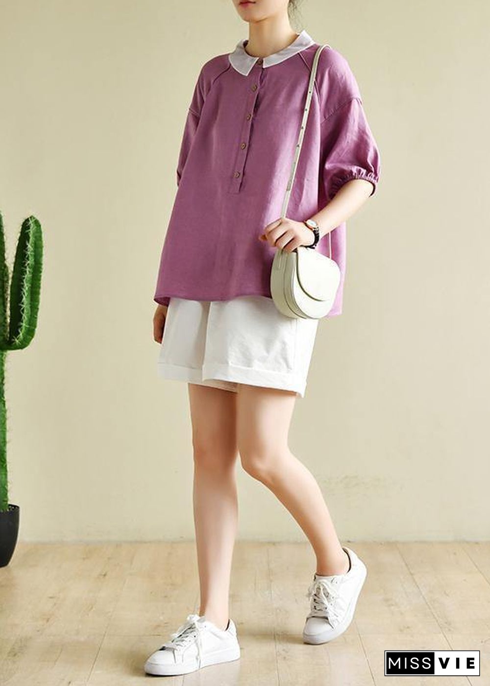 Modern light purple clothes For Women lapel half sleeve silhouette summer shirts