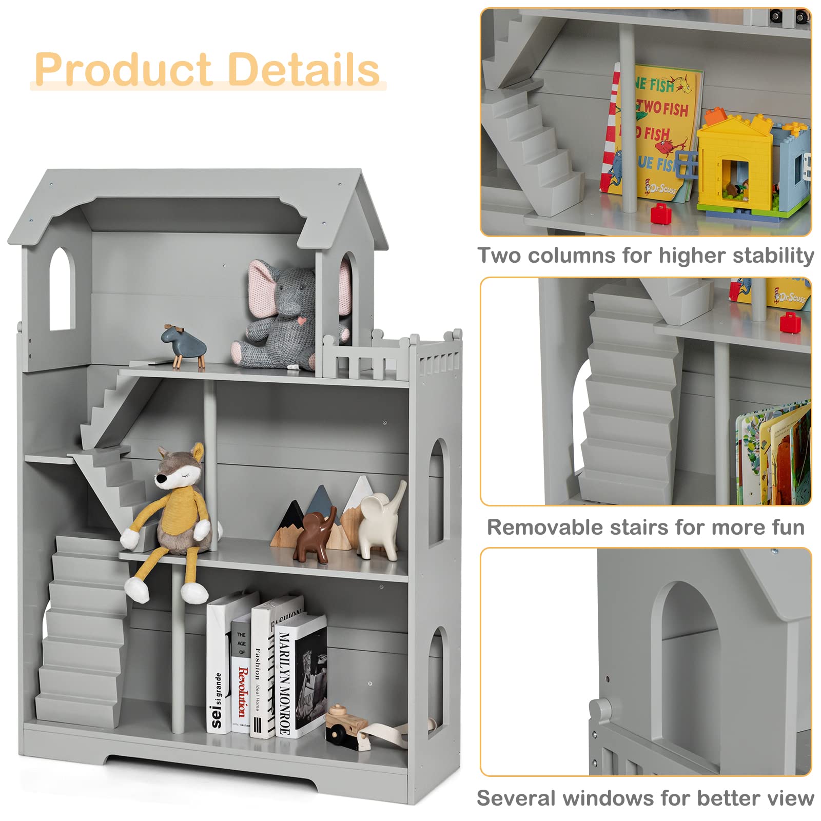 Kids Wooden Dollhouse Bookcase, 3 Story Cottage Toy