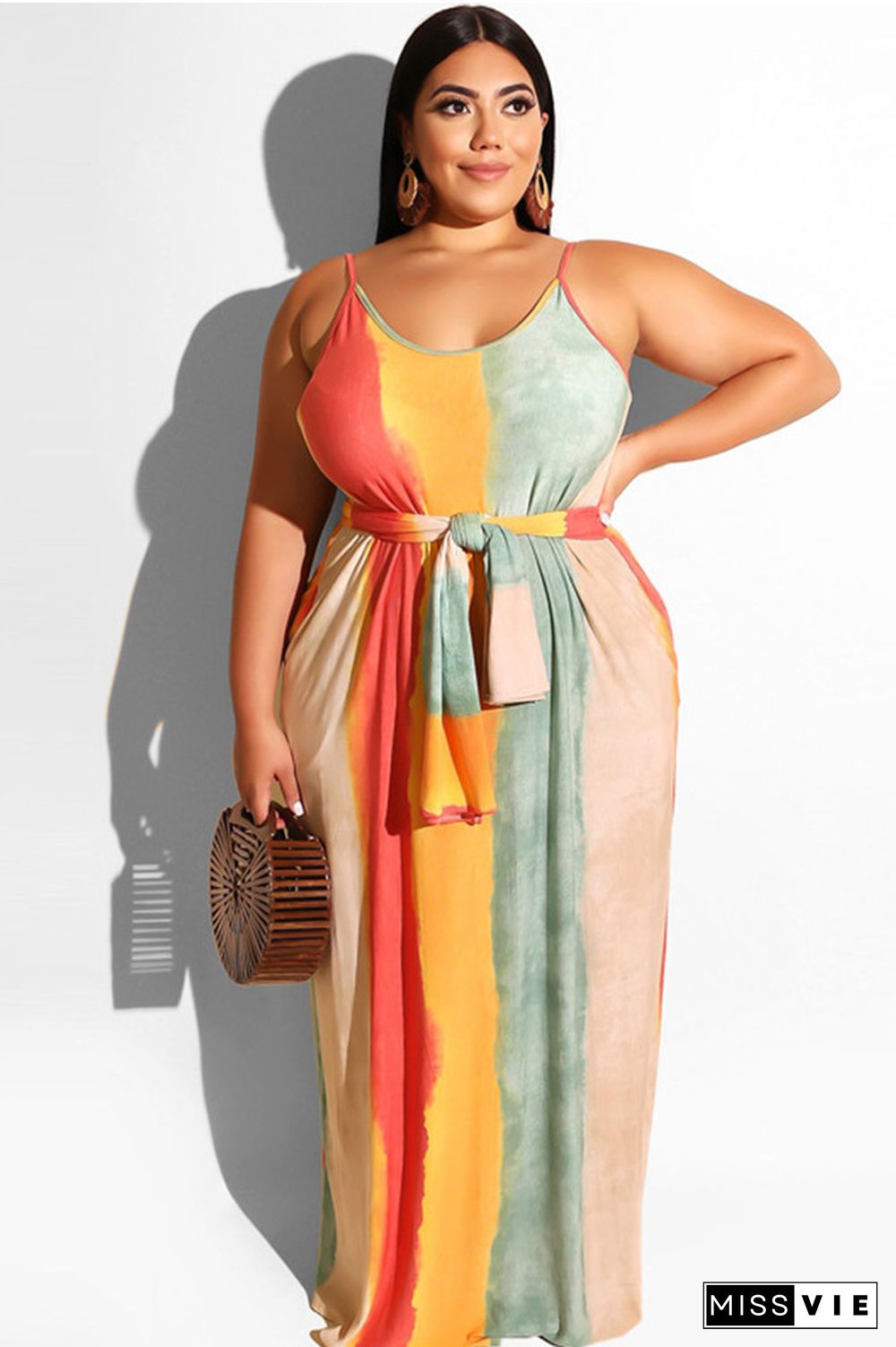 Women Sleeveless Stripe Design Plus Size Dress