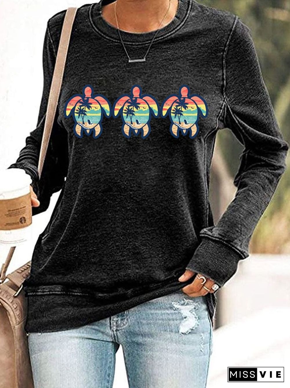 Women's Turtle Art Print Casual Sweatshirt