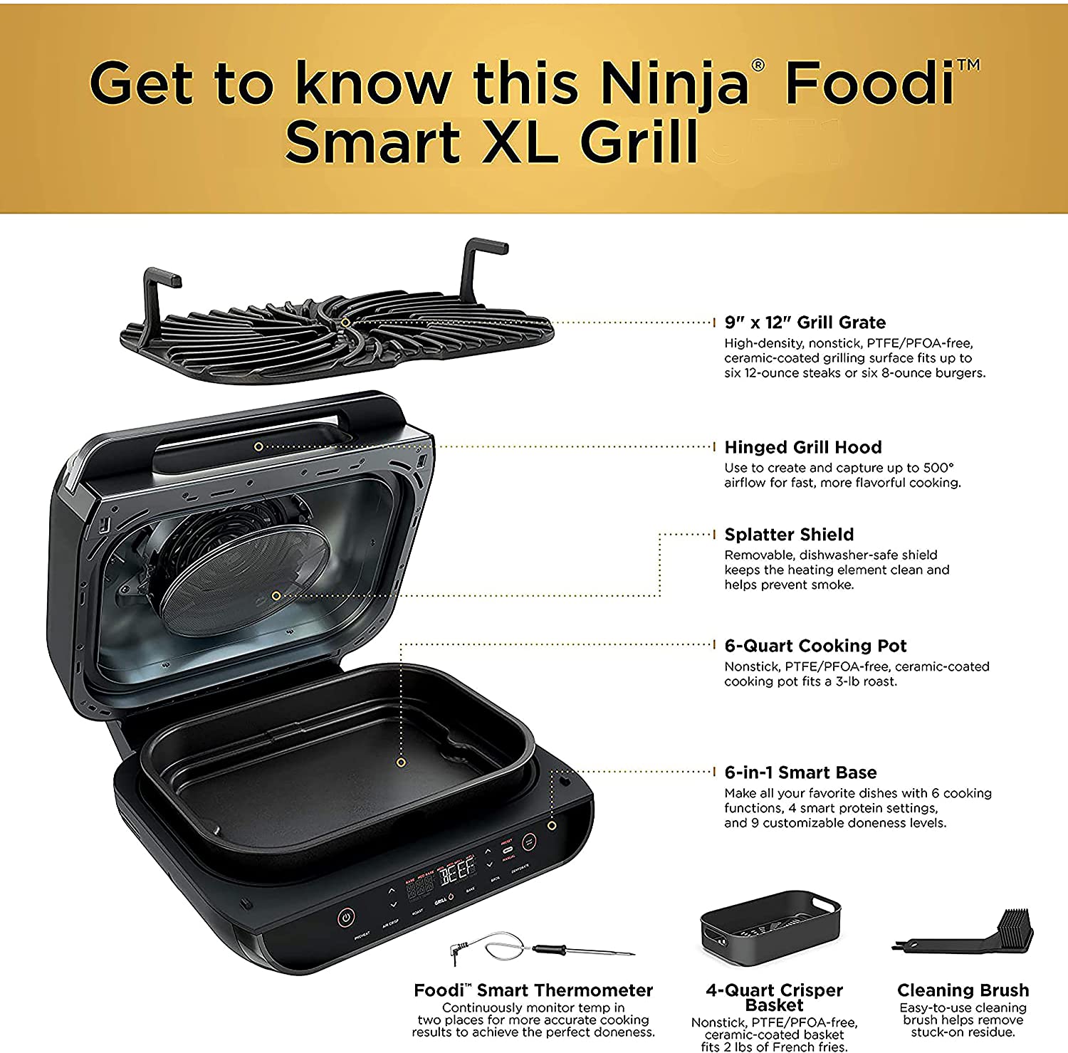 Restored Ninja FG551H Foodi Smart XL 6in1 Indoor Grill with 4 Quart Air Fryer， Brown (Refurbished)