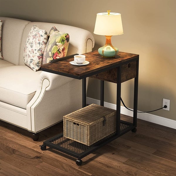 C Shaped Table with Outlet and USB Ports， Couch Side Table with Charging Station