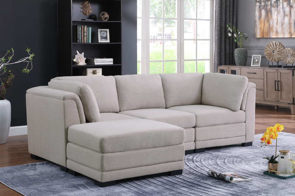 Kristin Light Gray Linen Reversible Sectional Sofa With Ottoman   Transitional   Sectional Sofas   by Lilola Home  Houzz