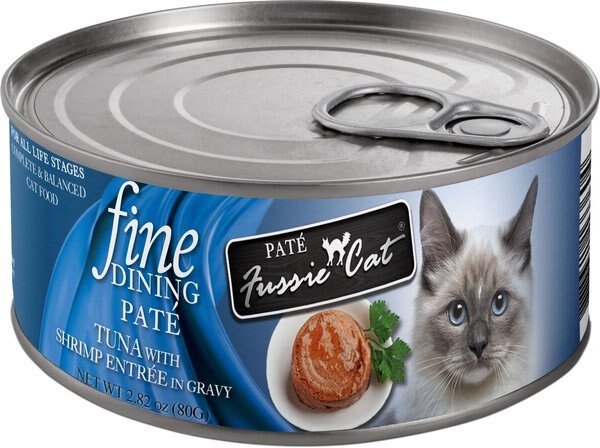 Fussie Cat Fine Dining Pate Tuna with Shrimp Entrée Wet Cat Food， 2.82-oz can， case of 24